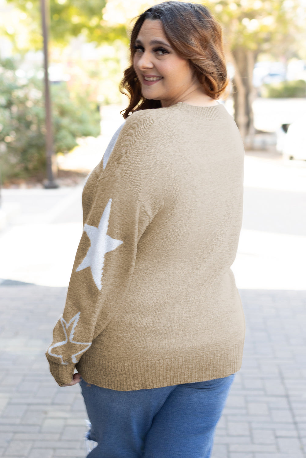 Khaki Star Pattern Drop Shoulder Plus Size Cozy Sweater Dear-Lover Dropshipping